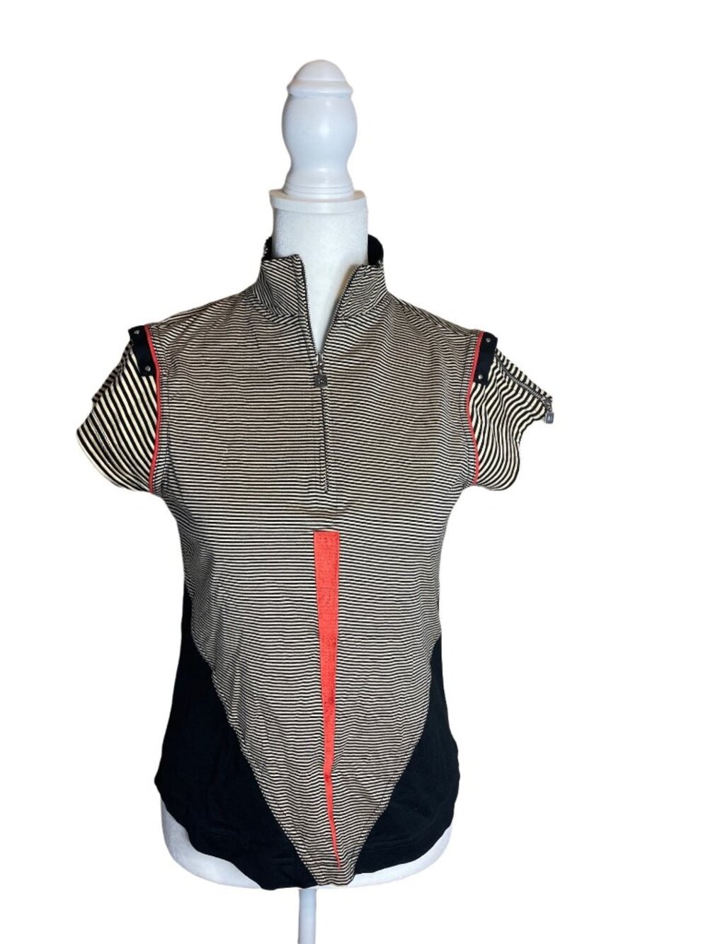 Jamie Sadock XS Sleeveless Stripe Top Black Tan Red Trim Zipper Athleisure